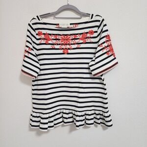 Kate Spade Broome Street Black White Striped Embroidered Ruffle Hem Top Size Lg